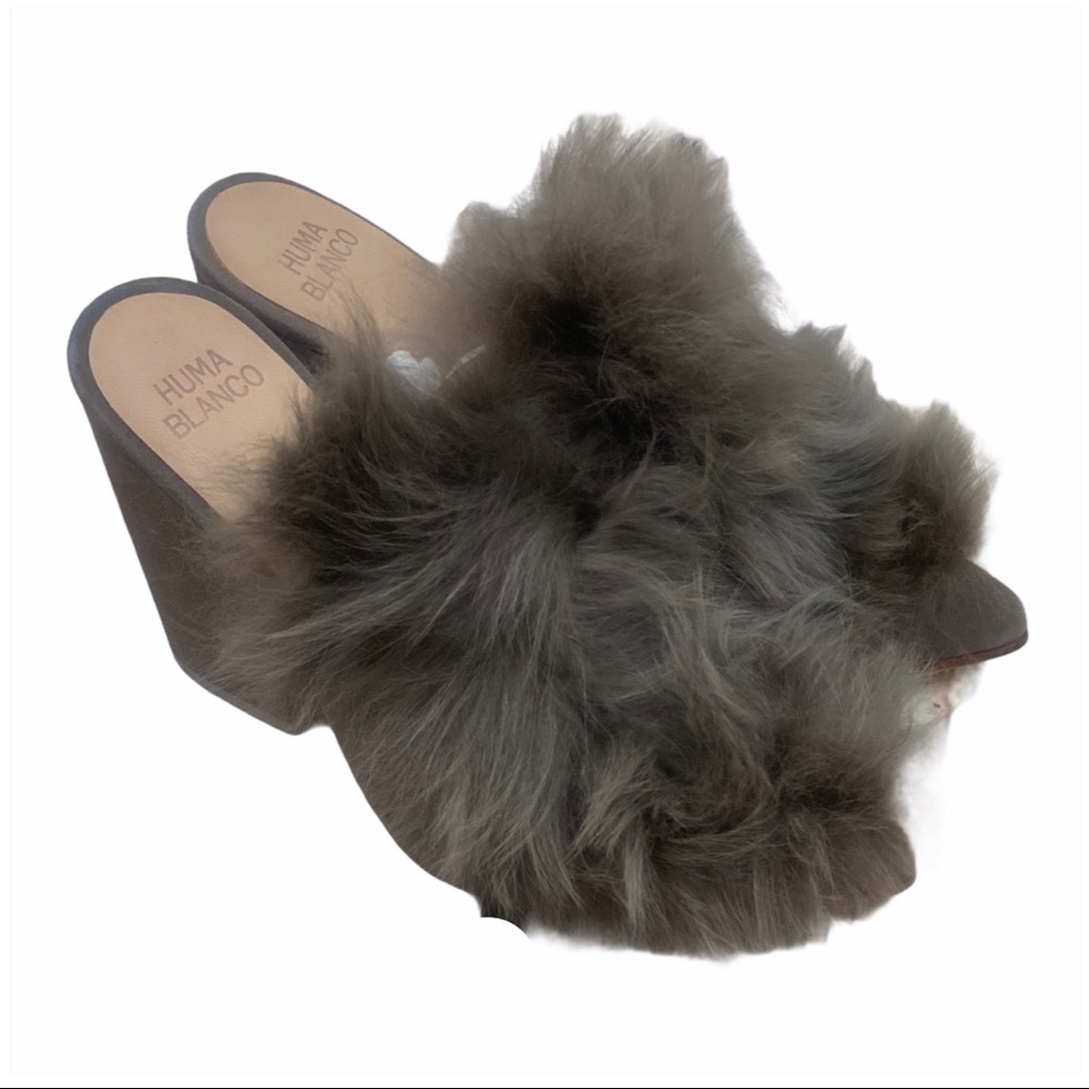 Anthropologie Brown Faux Fur Wedge Mules